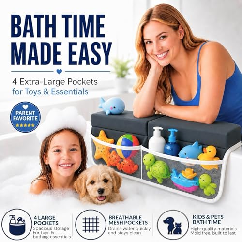 Image of Comfortable Baby Bath Kneeler and Elbow Rest Pad Set, Non-Slip Bathtub Kneeling Pad for Bathing Baby, Bath Tub Cushion Mat, Elbow Pads, Toy Organizer Storage Pockets, Strong Suction Cups (Dark Gray)