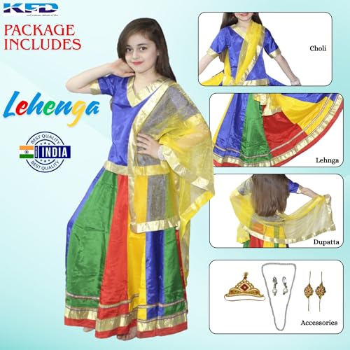Image of Kaku Fancy Dresses Traditional Radha Costume for Girls - Red & Yellow Lehenga Choli with Dupatta | Indian Mythological Fancy Dress for Janmashtami - 14-17 Years