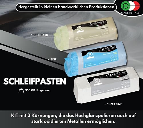Lux Metal 3 Polierpaste 350 g (A-B-C) Fein Mittel grob Schleifpaste Für spiegelnden Glanz Auf Edelstahl, Aluminium Eisen Messing Chrom Holz Marmor und Weitere Metall Perfekt Zum Polieren von Messern