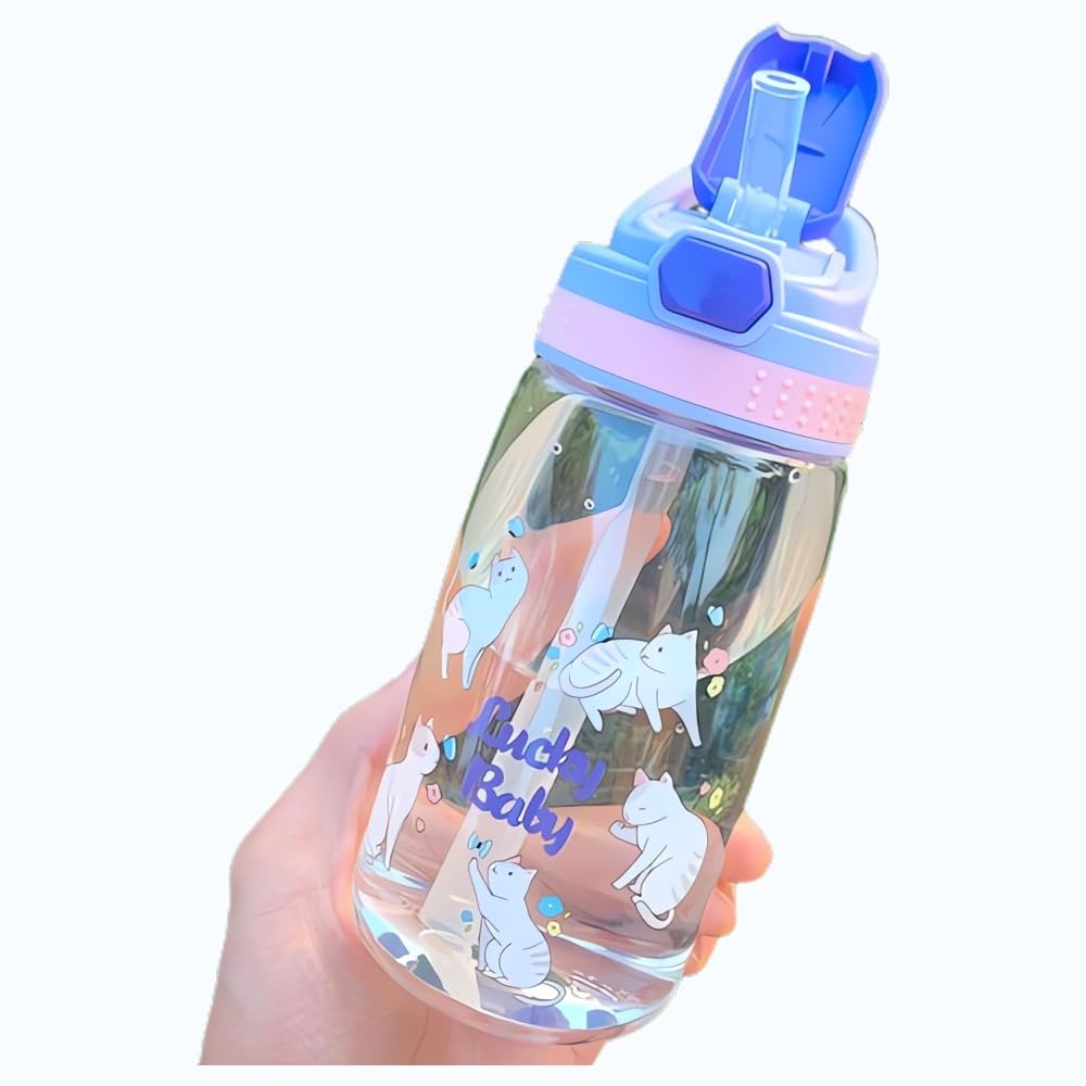 AUTOYSURKids Water Bottle with Straw Lid Reusable Durable Plastic Spout Cover and Built-in Carrying Loop, Big Bite Valve - Spill Proof - Water Bottle for Kids (E, 480ml)