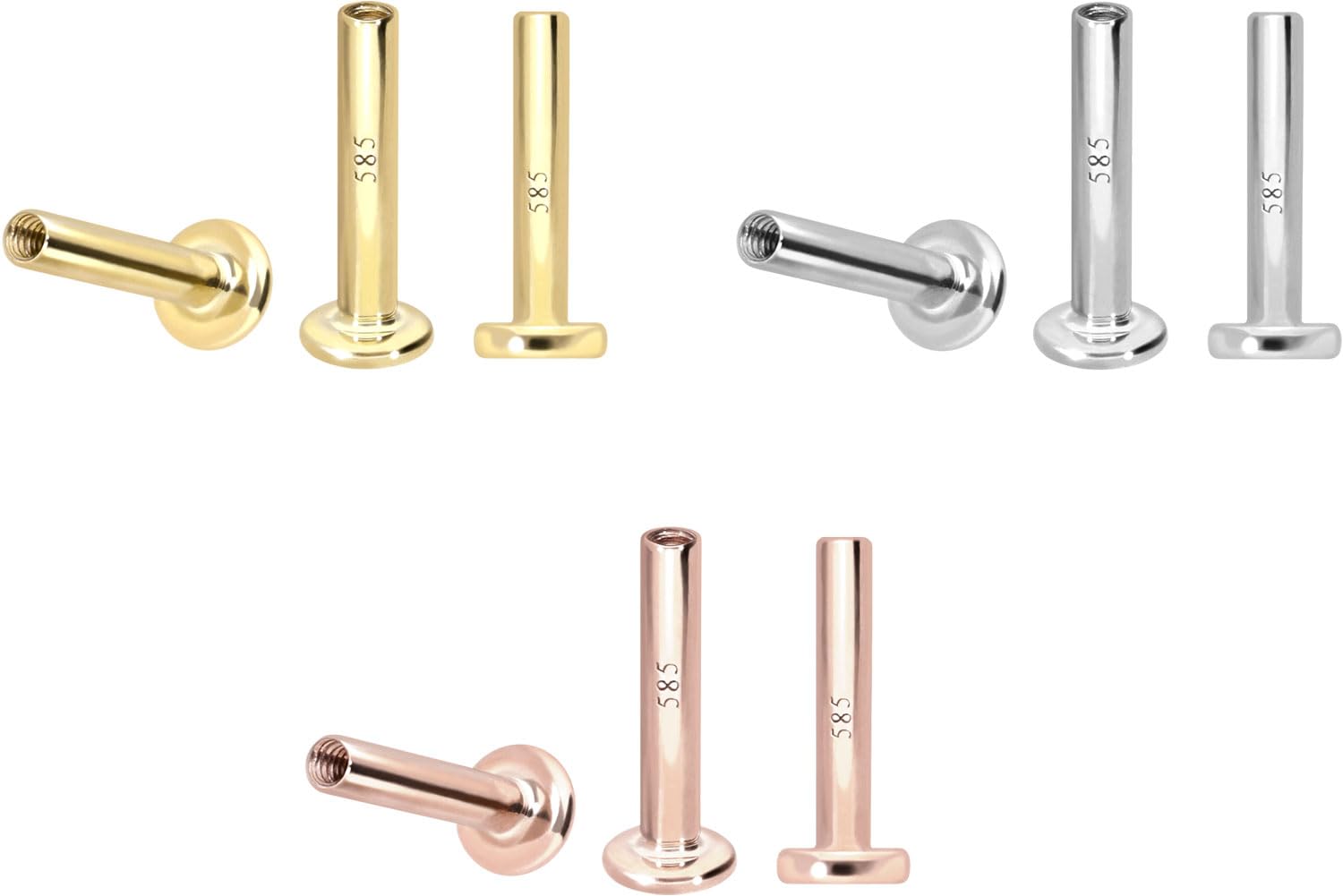PIERCINGLINE 14 oder 18 Karat Gold Labret Innengewinde ohne Aufsatz Piercing Ohr Conch Tragus Lippe Nase Medusa Farb & Größenauswahl