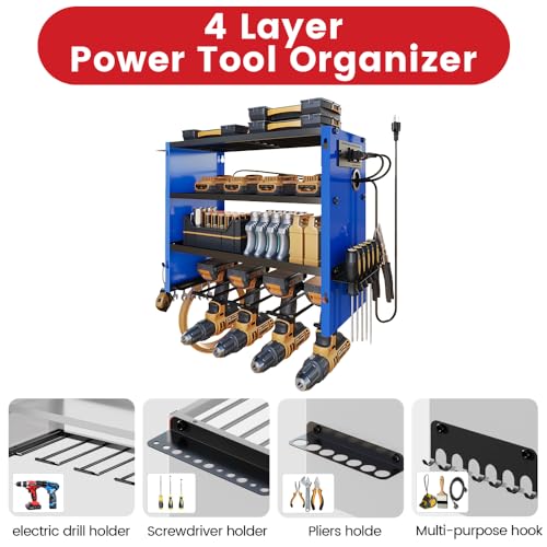 Image of 4-Tier Power Tool Organizer, Built-in 2-Outlet Charging Station for Small Garages,400lb Capacity 12mm Steel Drill Holder & Battery Storage for DIY Workshops (4 Slots with 2 Outlets Power Strip)