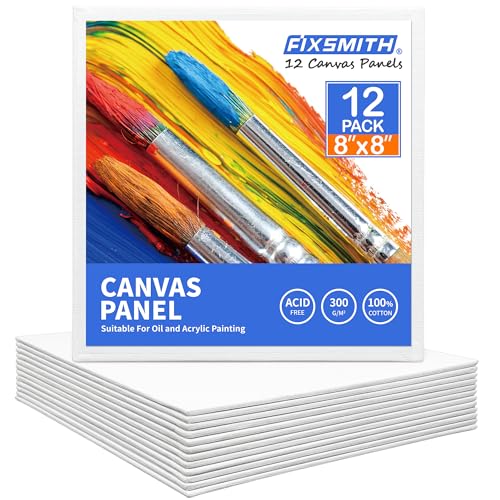 Image of FIXSMITH Canvas Boards for Painting 8x8 Inch, Super Value 12 Pack White Blank Canvas Panels, 100% Cotton Primed, Painting Art Supplies for Professionals, Hobby Painters, Students & Kids