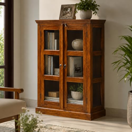 Image of Wood Crockery Cabinet with Glass Door | Wooden Showcase Almirah | Book Shelf Crockery Unit for Home & Kitchen Living Room - (Natural)
