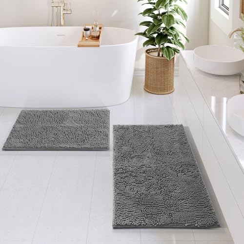 Hearth & Harbor バスルームラグ、シェニール織バスマット - 浴室用洗濯機で洗えるバスマット ノンスリップバッキングラバー、速乾バスルームマット、17 x 24 + 20 x 32 - フロストグレー [2]