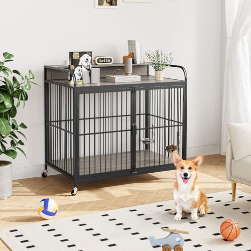 Dog Crate Furniture for Medium Dogs, 38 in Heavy Duty Wooden Dog Kennel Indoor with Adjustable Height Bowls, Decorative Dog Crate End Table Dog Cage Furniture for Small, Medium, Large Breed