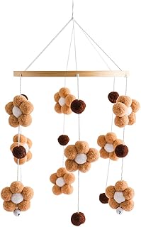 Baby Crib Wind Chimes Mobile 100% Felt Ball Bed Bell Mobile Cotton Flowers Creative Pendant Toy Wooden Wind Chime 18.5' x 7.72 inch' Newborns Nursery Decoration (Khaki)