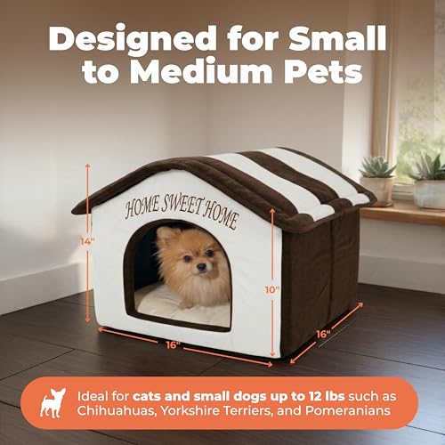 Image of Best Pet Supplies Cat Bed for Indoor Cat, Domed Tent House with Removable Pillow, Covered Cat Cave for Small Dog, Puppies and All Breeds of Cats - Beige w / Brown Stripes, 16 x 16 x H:14 inch