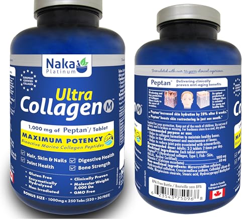 Naka Platinum Ultra Collagen featuring 1000mg of Peptain each tablet,Maximum Potency Bioactive Marine Collagen Peptides. For Skin, Nails, Bones and Joints (250 tabs)