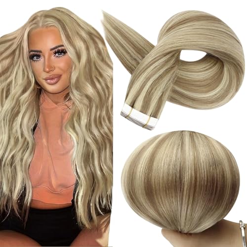 Image of Full Shine Tape in Hair Extensions 20 Inch Human Hair Tape in Extensions Remy Hair Color 16 /22 Golden Blonde Highlighted Light Blonde Hair Extensions Real Human Hair 50G 20Pcs Seamless Skin Weft Hair