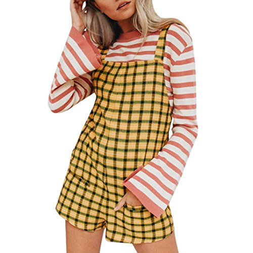 Mono Largo Mujeres JiaMeng Pijamas elásticos de la Cintura de Las Mujeres Pantalones de algodón de Lino Mamelucos Mono Corto (XXL, Amarillo)