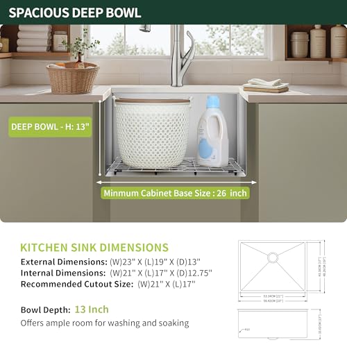 Image of 23-inch Undermount Laundry Utility Sink, Stainless Steel | 23x19x13 Extra Deep Single Bowl for Laundry Room, Garage and Outdoor Kitchen with Bottom Grid, Drain Strainer and Drying Rack