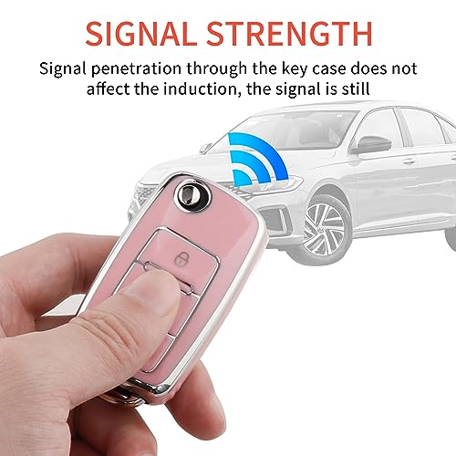 Image of Pangpai Pink Key Fob Cover for VW Volkswagen,Soft TPU Key Case Protection with Bling Keychain Fit for Jetta Golf Polo MK6 Passat Tiguan Beetle