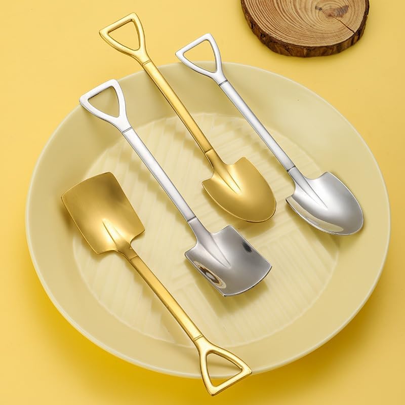 Silverware Flatware Set, 1/4/6/8/10 Pcs 304 Stainless Steel Shovel Spoon 304 Stainless Steel Dessert Spoon Pointed Shovel Spoon(Gold,10Pcs)