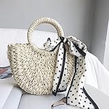 BAOZENGMUY Strohtaschen Strandtasche Lässige Schals Rattan Damen Handtaschen Geflochtene Körbe Schulter Umhängetasche Strand Stroh Taschen Damen Geldbörsen Noshoulderstrap Weiß2