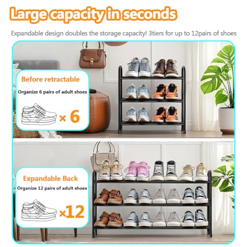 XIANGLV Expandable Shoe Rack, 3 Tier Adjustable Shoe Organizer Shelf for Closet,Slim Narrow Black Metal Free Standing Shoe Rack Storage for Small Space, Entryway, Hallway - Image 3