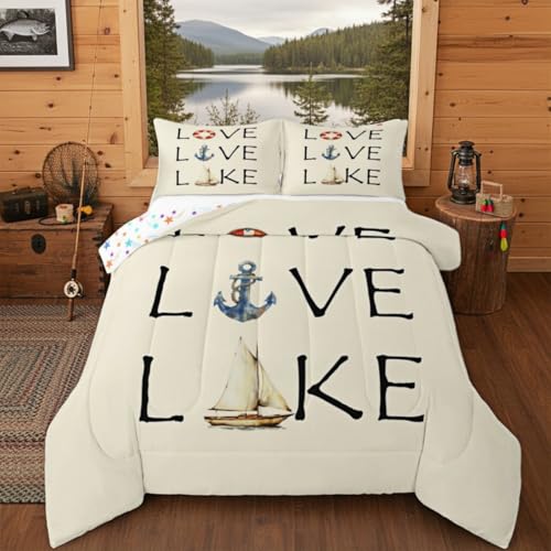 Lake House Comforter Set Queen Size, Nautical Anchor Bedding Set