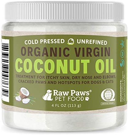 Raw Paws Organic Coconut Oil for Dogs & Cats, 4-oz - Treatment for Itchy Skin, Dry Nose, Paws, Elbows, Hot Spot Lotion for Dogs, Natural Hairball Remedy for Dogs & Cats