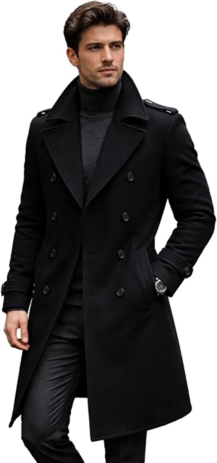 Slim Fit Wool Pea Coats for Men – Classic Double Breasted Trench Coat, Winter Outerwear