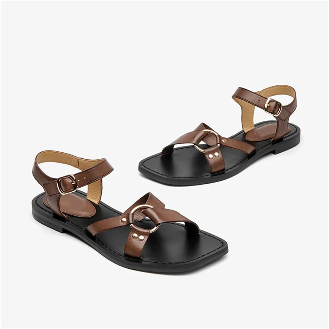 Sandalias básicas de piel de vacuno con hebilla y correa al tobillo para mujer, tacón plano, estilo casual, para verano, Brown, 40.5 EU