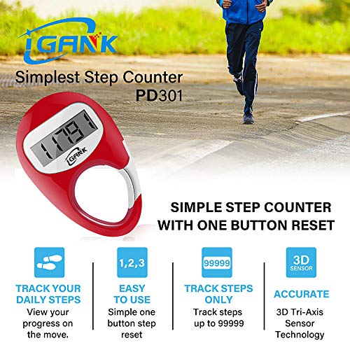 iGANK Simple Walking Pedometer 3D Step Counter for Men Women Kids (Red)