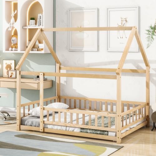 Miniatura 9 de Cama de suelo de tamaño matrimonial con valla para niños pequeños, cama Montessori con techo de casa, marco de cama de piso de madera matrimonial