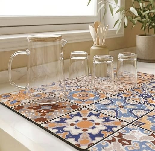 Image of HomeCloud Dish Drying Mat for Kitchen Counter - Super Absorbent, Non-Slip & Heat-Resistant - Quick Dry Rack Pad for Dishes, Utensils, Coffee Maker - Stain-Hiding Design (Blue Orange, 40x50cm)