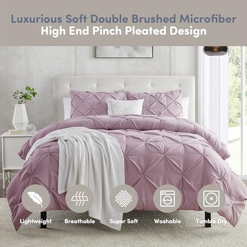 Image of Nestl California King Duvet Cover Dusty Purple - Soft Double Brushed Duvet Set with Button Closure & Corner Ties, 3 Piece Luxurious Pinch Pleated Duvet Cover Set 104x98 Inches with 2 Pillow Shams