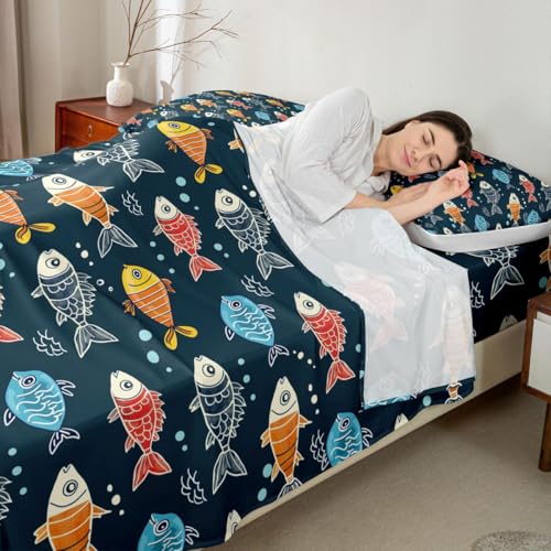Image of jejeloiu Colorful Fish Bed Sheets Sets King Size Kids Boys Girls Funny Vintage Bedding Set Sea Animal Bed Sheet Set with 16-Inch Deep Pockets Summer Ocean 4Pcs with 2 Pillow Cases