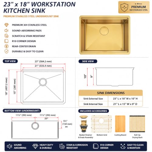 Image of Gold Undermount Kitchen Sink 23 x 18 Inch, 16 Gauge T304 Stainless Steel Workstation Sink with Ledge & Accessories