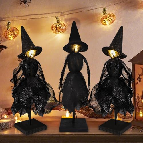 DIYDEC Witch Decorations Indoor 3pcs Primitive Halloween Witch on Wooden Stand with LED Halloween Table Centerpieces Signs for Home Shelf Mantels Kitchen Indoor Decorations Gifts