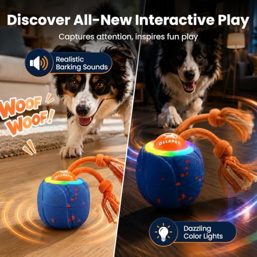 Ollapet Smart Interactive Dog Toys, 3 Modes Automatic Rolling Ball, Chase Pet Toy with Rope & Barking Sound, Chew Resistant E-TPU, IPX7 Waterproof Rechargeable Ball for Medium Large Dogs, Blue - 4