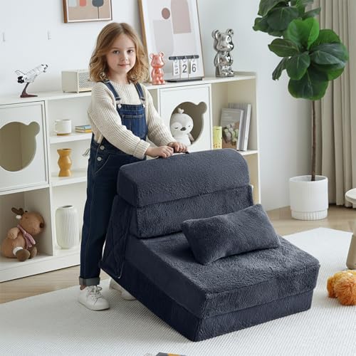 Image of Tiita Convertible Folding Kids Sofa Bed with Pillow & Storage Bag, Plush Fabric Floor Mattress Couch Bed, Washable Cover, Kids Room, Playroom, Dorm, Apartment, Navy
