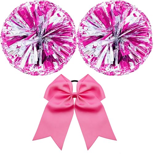 ZYBenda 3 Pack Cheerleading Pom Poms Metallic Foil Plastic Pom Poms for Team Sports Dance Games Spirit Cheering (Silver and Pink)
