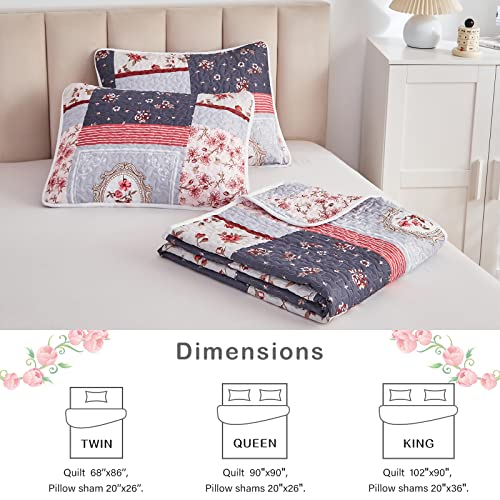 Patchwork Quilt Set Full/Queen Size, 3 Pieces Pink Purple Floral Plaid Summer Bedspread Coverlet Set, Soft Microfiber Lightweight Bed Cover For All Season (90" X 90", 1 Quilt+ 2 Pillow Shams) #TOP6