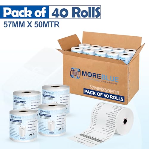Image of MOREBLUE 2 Inch Thermal Paper Rolls (57mm x 50 Meter) Pack of 40 | Ink-Free, BPA-Free Receipt Paper for POS Machine, Billing Machine, Credit Card Machine & Petrol Pump Use