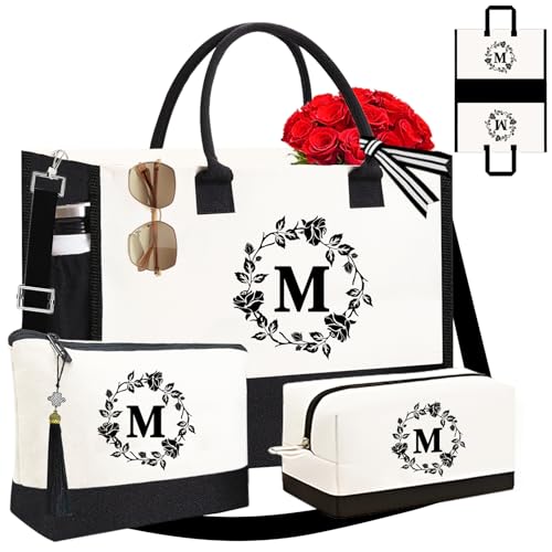 Adyoung Monogrammed Tote Bags, 3PCS Initial Personalized Monogram Tote Bags for Women, Birthday Gifts Tote Letter Canvas Bag