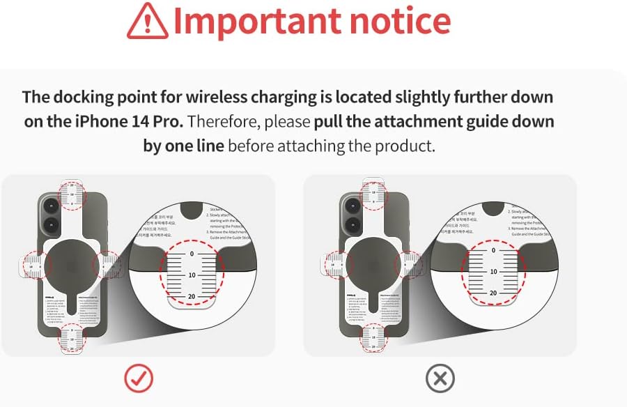 Diagram showing correct and incorrect placement of M-Plate on iPhone 14 Pro for wireless charging.