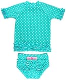 RuffleButts Little Girls Aqua Polka Dot Ruffled Rash Guard Bikini - Aqua - 2T