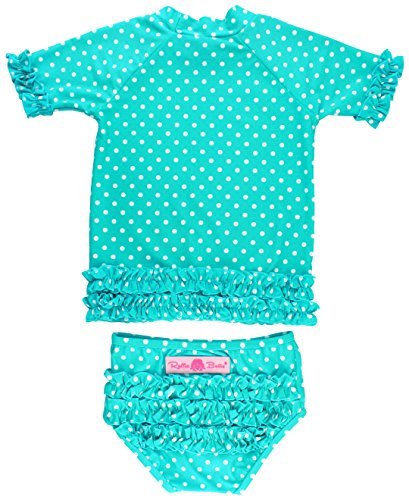 RuffleButts® Girls Rash Guard 2-Piece Swimsuit Set - Aqua Polka Dot Bikini with UPF 50+ Sun Protection - 2T