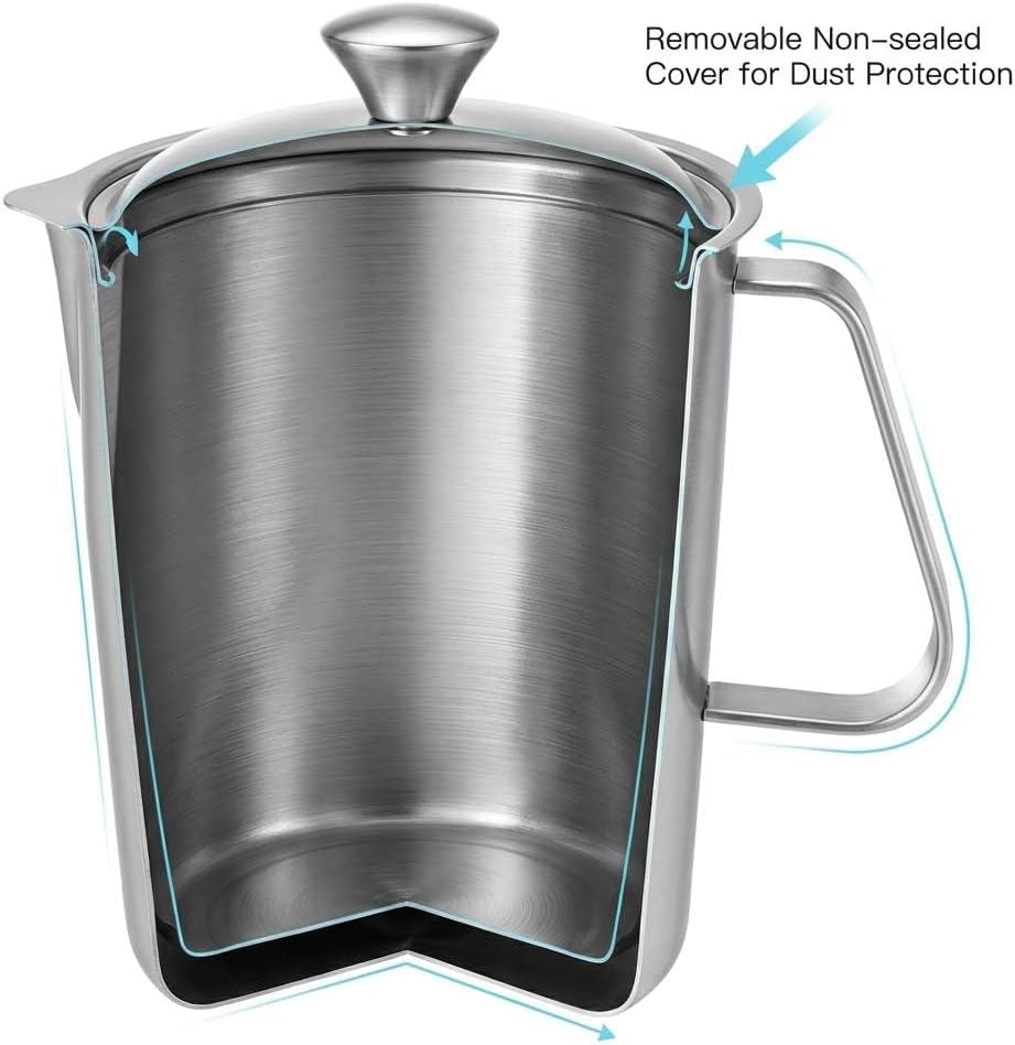 QWORK Large 70 oz Stainless Steel Measuring Cup with Removable Lid – Extra Capacity Marked Pitcher for Kitchen, Coffee & Bar Use