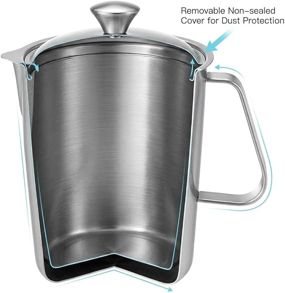 QWORK Large 70 oz Stainless Steel Measuring Cup with Removable Lid Extra Capacity Marked Pitcher for Kitchen, Coffee & Bar Use