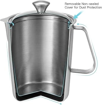 QWORK Large 70 oz Stainless Steel Measuring Cup with Removable Lid Extra Capacity Marked Pitcher for Kitchen, Coffee & Bar Use