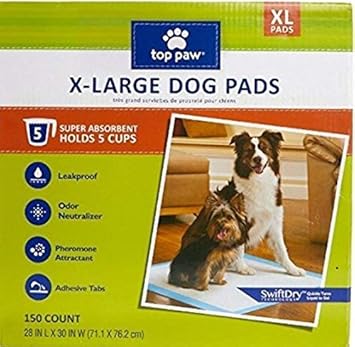 TOP PAW Dog Extra Large Pads For Puppy Training, Indoor Dogs Or Apartment Living, With Incontinence, 150 Count
