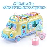 EFOSHM Intellectual School Bus Baby Toy, Piano Bus Toys with Shape Puzzles Knocking Piano Music Educational Toys Gifts for Baby, Toddler, Preschooler(YELLOW)