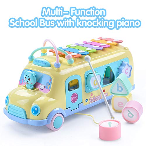 EFOSHM Intellectual School Bus Baby Toy, Piano Bus Toys with Shape Puzzles Knocking Piano Music Educational Toys Gifts for Baby, Toddler, Preschooler(Yellow)