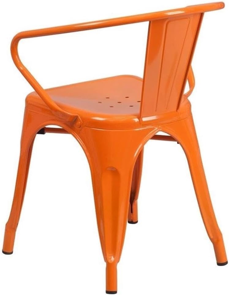 BOWERY HILL Industrial Stackable Metal Dining Arm Chair, Orange Powder Coated Finish, Galvanized Steel Construction, Indoor/Outdoor Use, Lightweight Design, Bistro Style Dining or Kitchen Seating