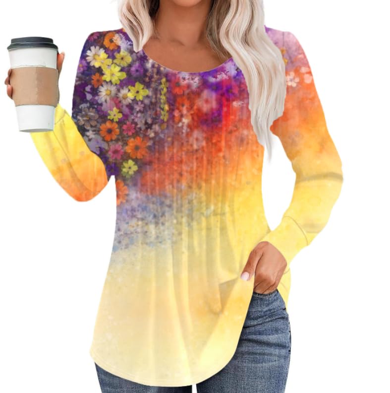 Womens Long Sleeve Blouse Fall Dressy Casual Pleated Crew Neck Shirts Floral Bohemian Tunic Tops