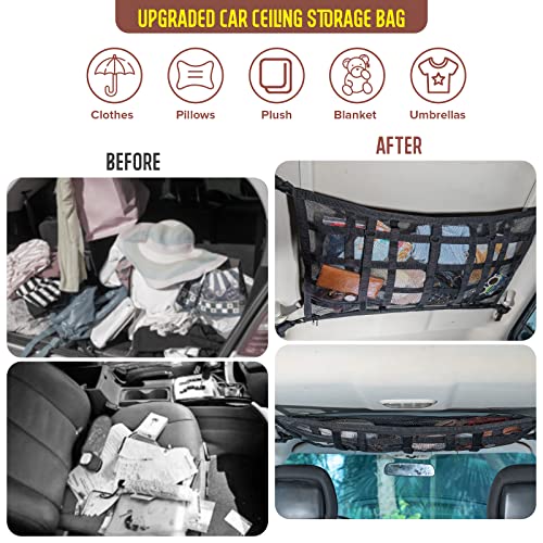 Car Ceiling Cargo Net Pocket Storage Net,29.5\"x19.7\" Adjustable D-Buckle to Reduce Sagging Roof Storage Organizer,Double-Layer Mesh SUV for SUVs,Road Trips,Car Camping Essentials - Thumbnail 5