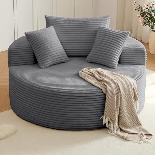 Oversized Round Chair Lounge Chaise Indoor, Upholstered Corduroy Deep Seat Cloud Large Circle Sofa Chair, No Assembly Required, Fluffy Modern Sleeper Sofa Bed for Reading, Living Room, Dark Gray